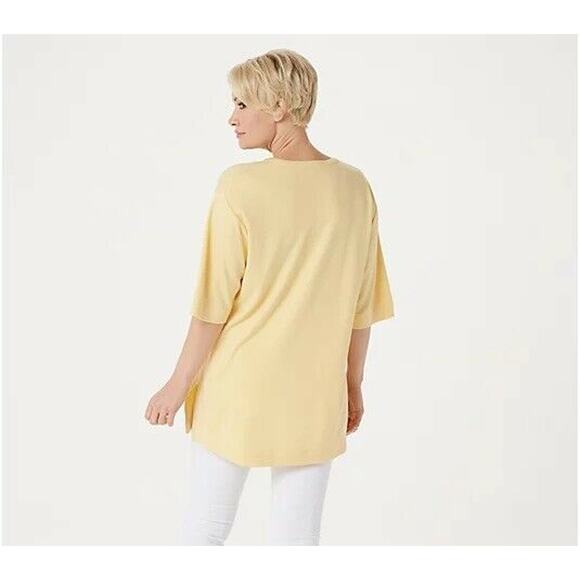 Denim & Co Womens Essential Knit Tunic Top XXS Yellow Split VNeck Oversized NWOT - Picture 2 of 6